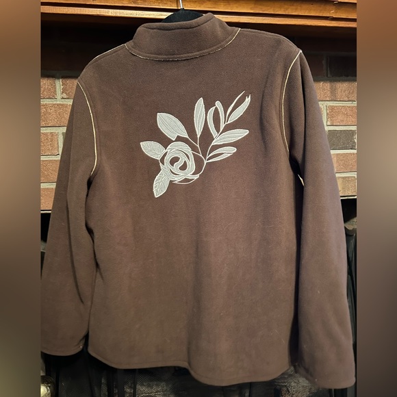 Sz L Susan Graver White Roses Embroidered Brown Light Wt Full Zip Front Jacket - Picture 2 of 6